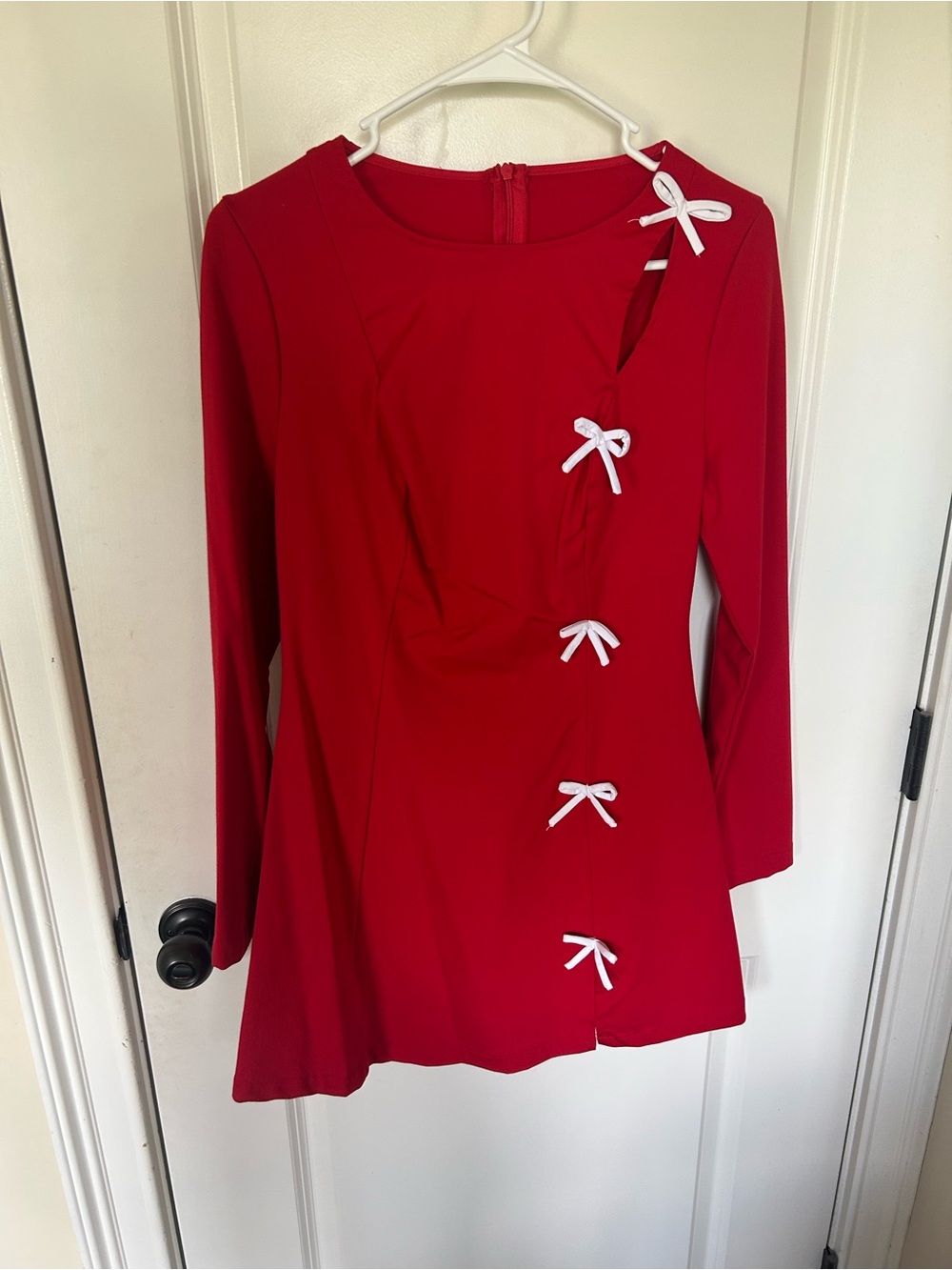 Red Women's Long-Sleeve Top with White Bow Accents